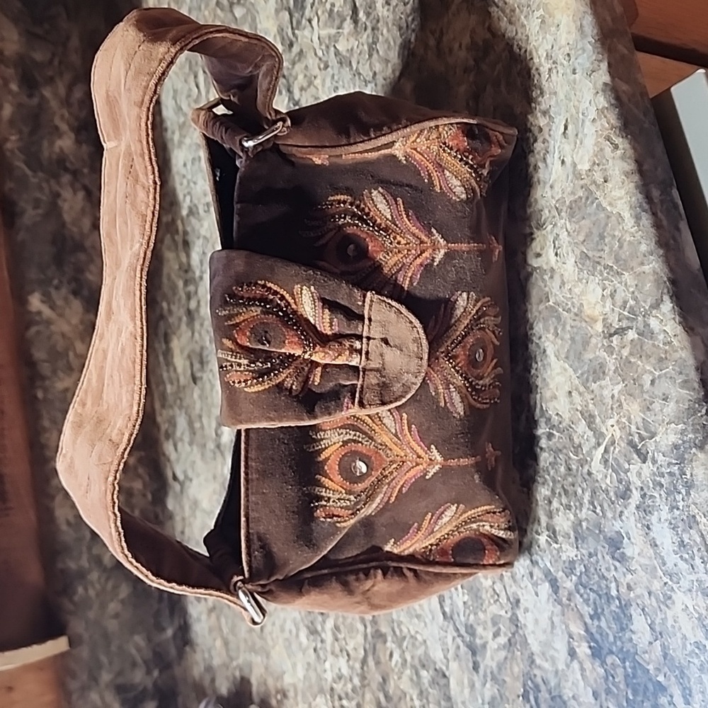 Sold Old Navy Peacock Brown Velvet Handbag shoulder Bag Satchel Purse